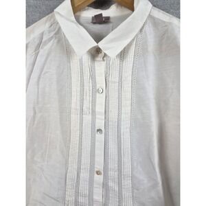 J Jill Blouse Silk Blend Bib Front‎ L White Button Up Tuxedo Shirt Preppy Career